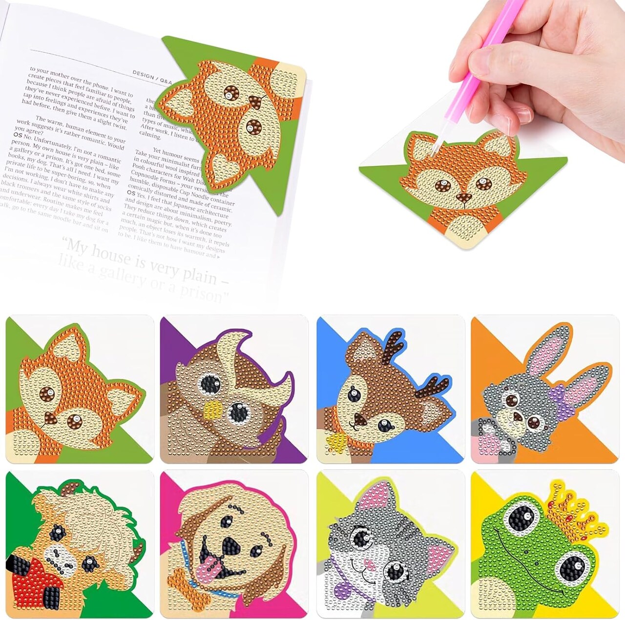 8-Piece Diamond Art Bookmarks Kit – Rhinestone Crystal Corner Bookmarks with Tassels, DIY Triangle Diamond Painting Craft Set for Book Lovers, Animal Design Handmade Gift Supplies